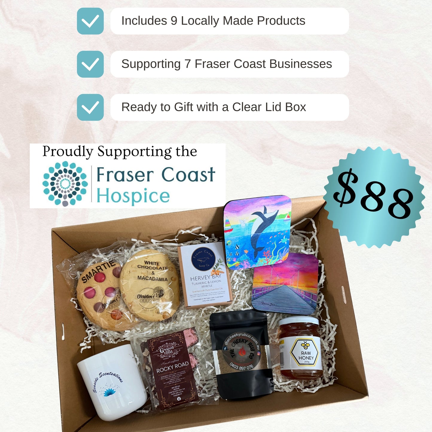 Island View Gift Hampers box with locally made products, supporting Fraser Coast businesses and hospice.