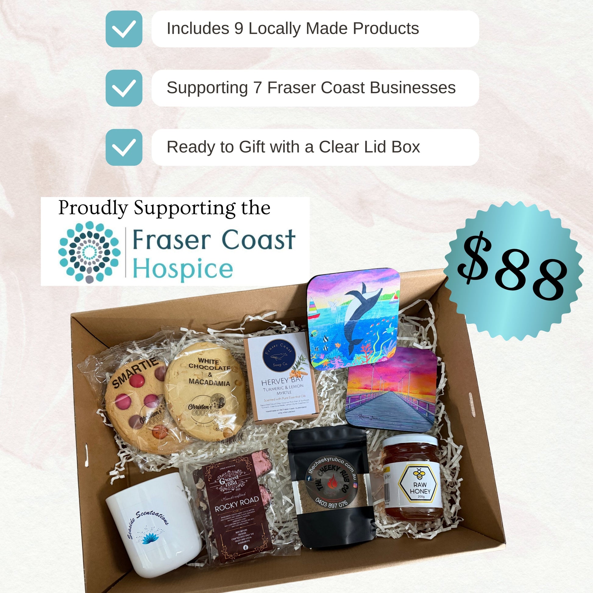 Island View Gift Hampers box with locally made products, supporting Fraser Coast businesses and hospice.