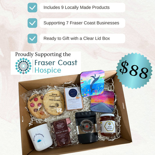 Island View Gift Hampers box with locally made products, supporting Fraser Coast businesses and hospice.